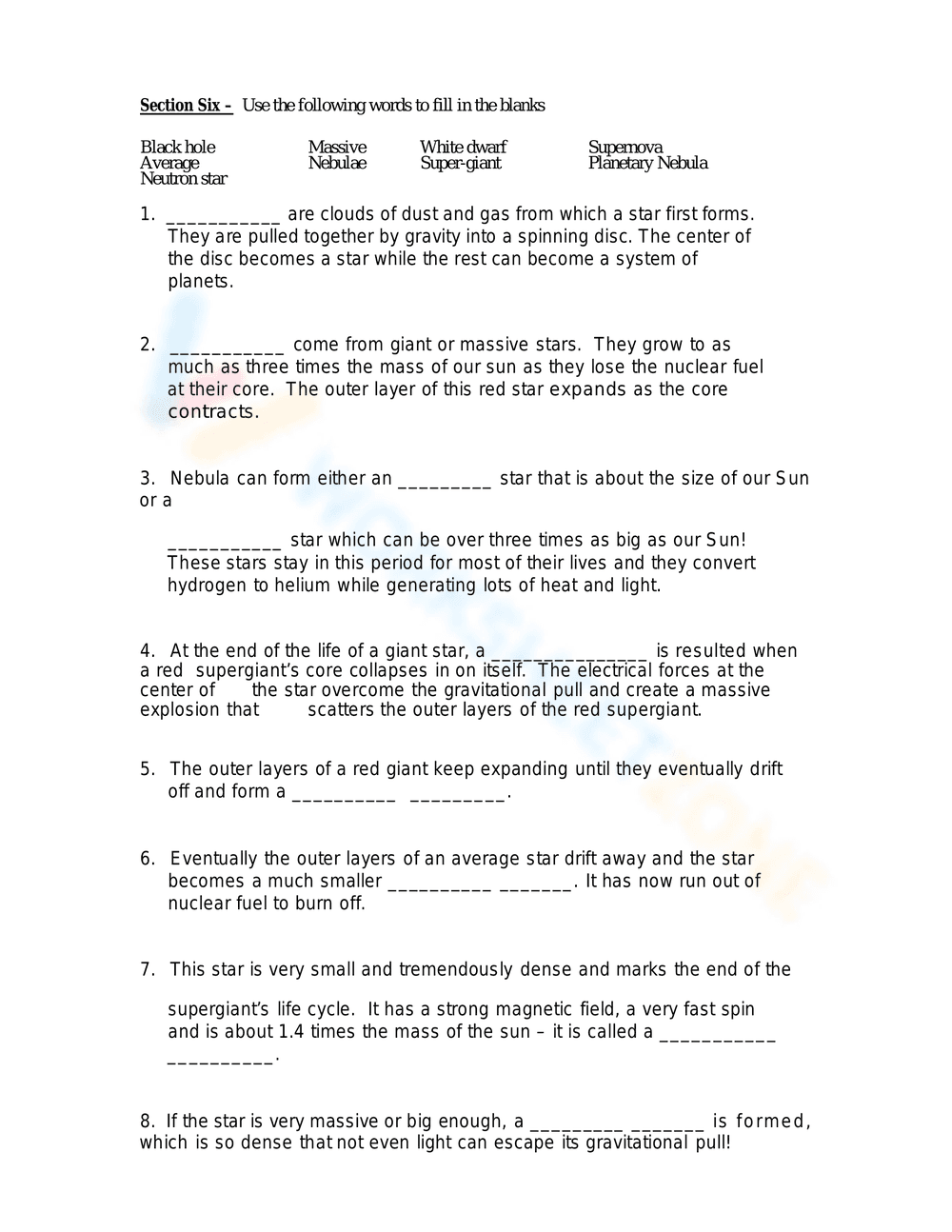 Detailed Life Cycle of a Star Worksheet - Page 5