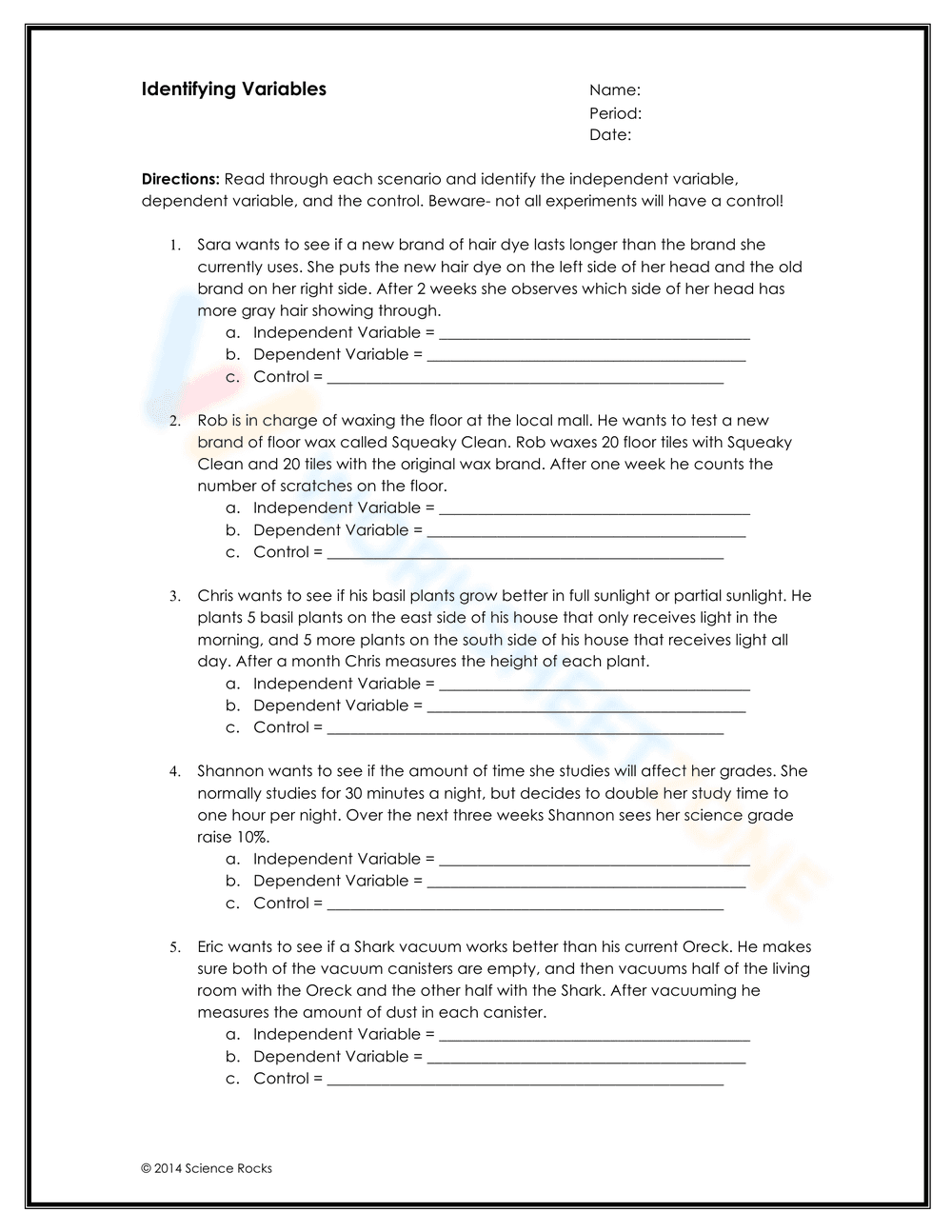 Identifying Variables in Science Worksheet - Page 1