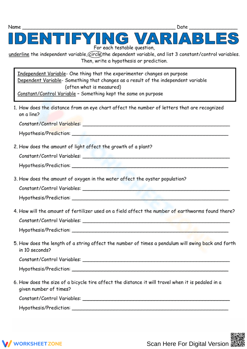 Identifying Variables Worksheet - Page 1