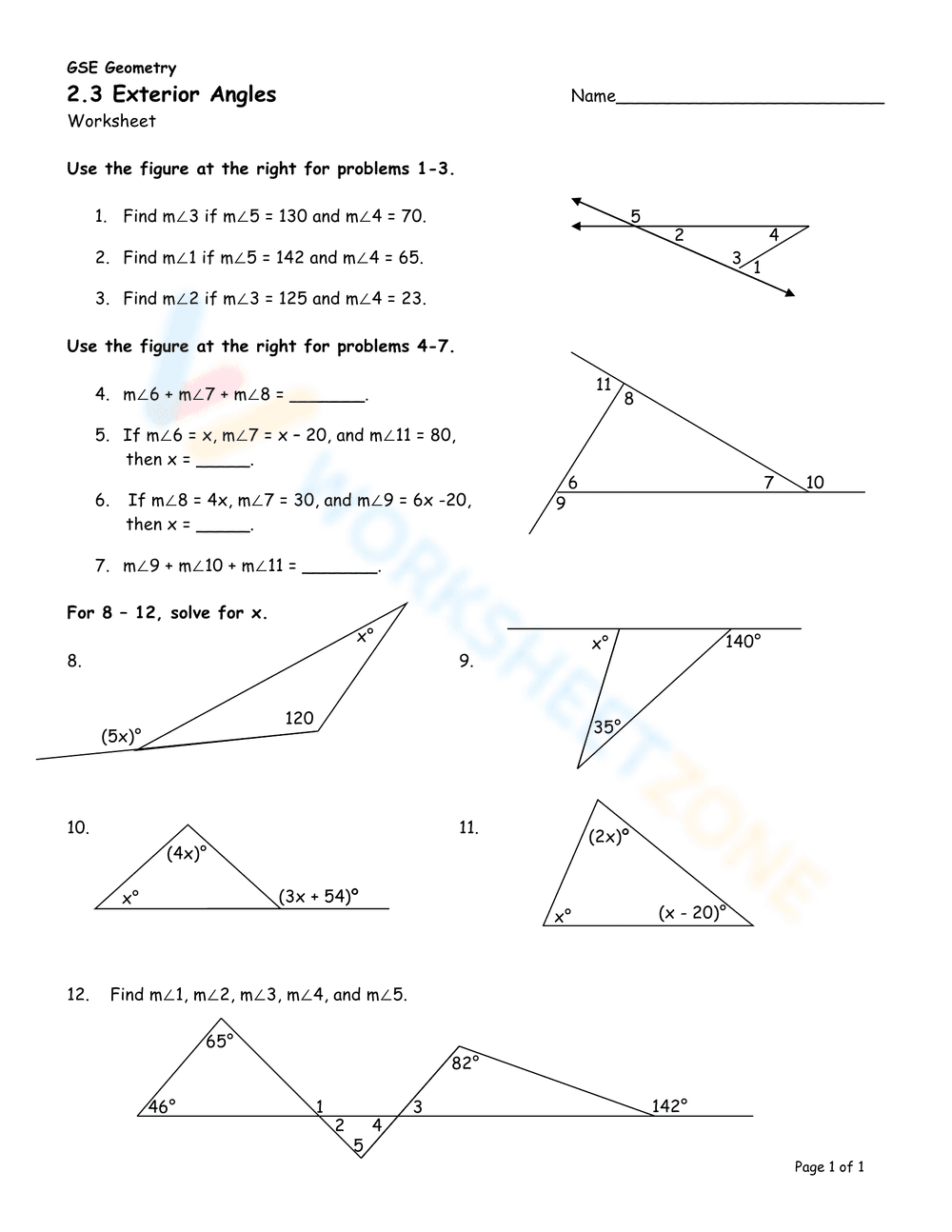 Practice Calculating Exterior Angles with this Worksheet - Page 1
