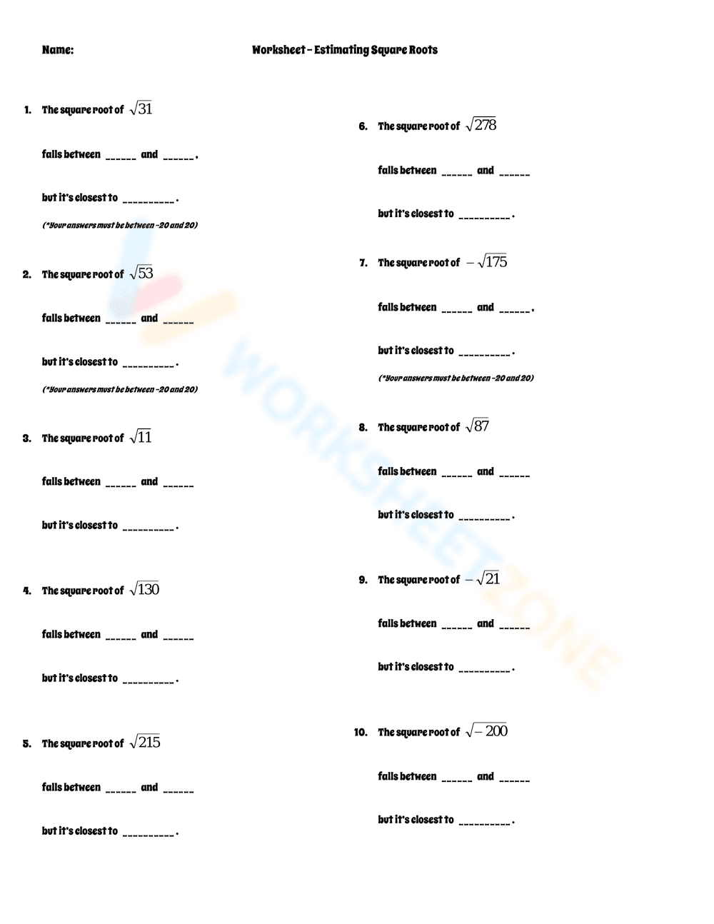 Worksheet: Estimating Square Roots Practice - Page 1
