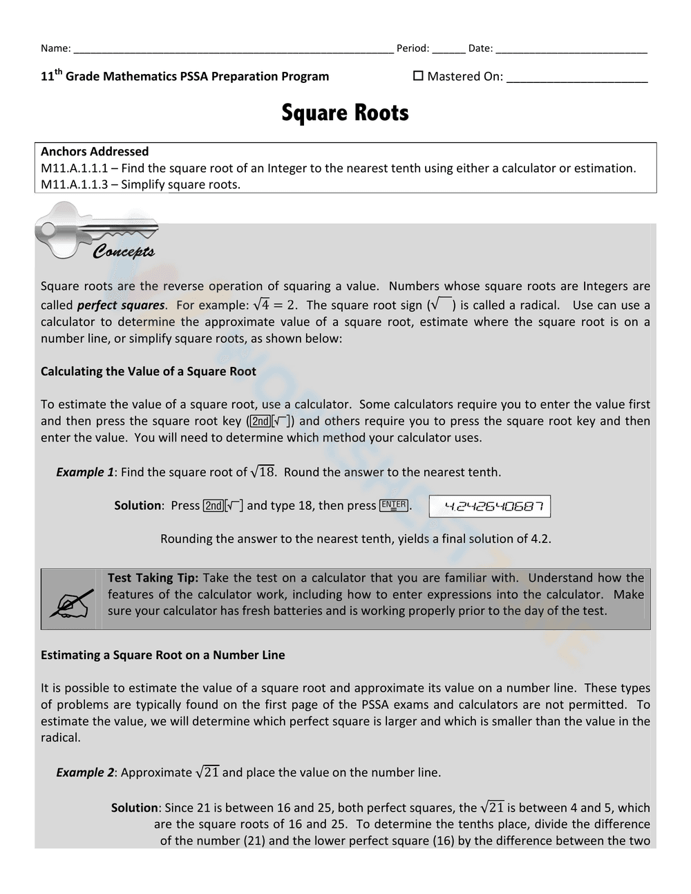 Practice with Square Roots Worksheet - Page 1