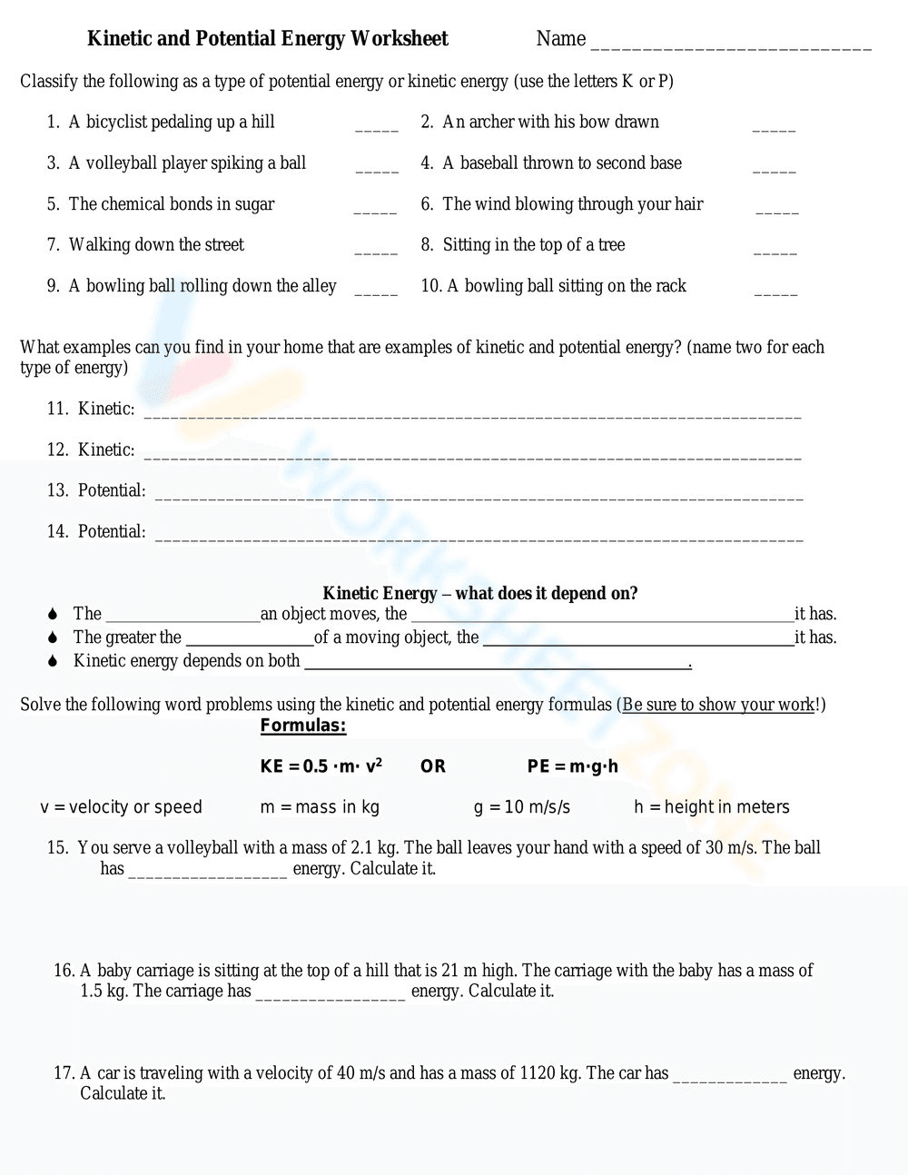 Kinetic and Potential Energy Worksheet - Page 1