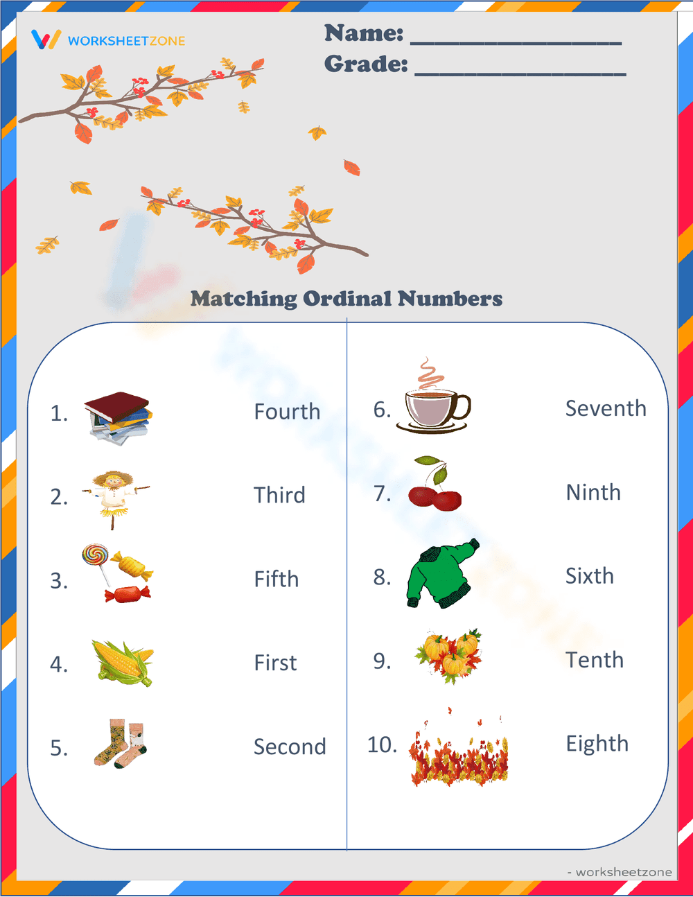 Match Ordinal Numbers: A Math Worksheet - Page 1