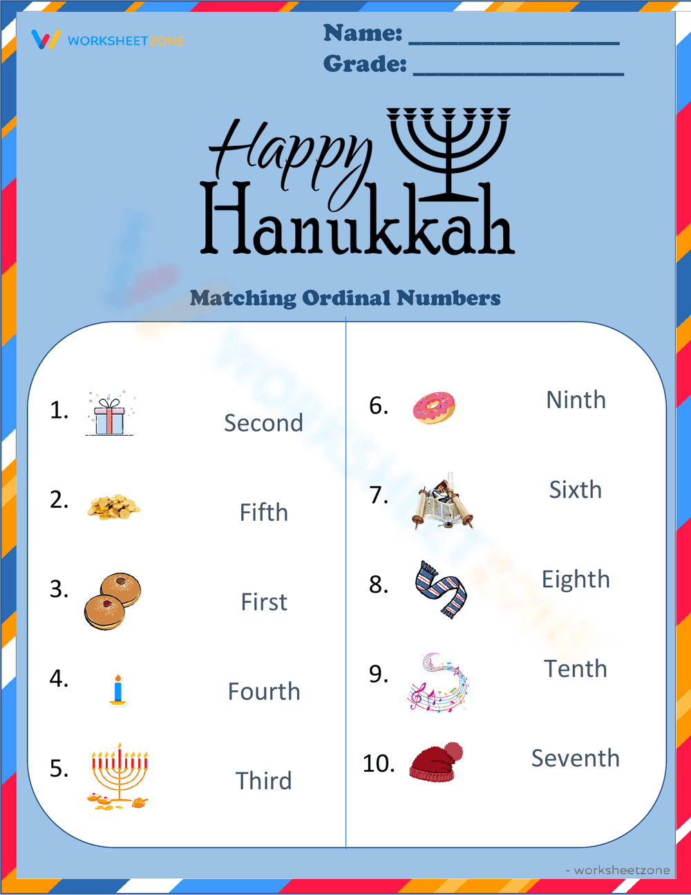 Match Objects to Ordinal Numbers Worksheet - Page 1