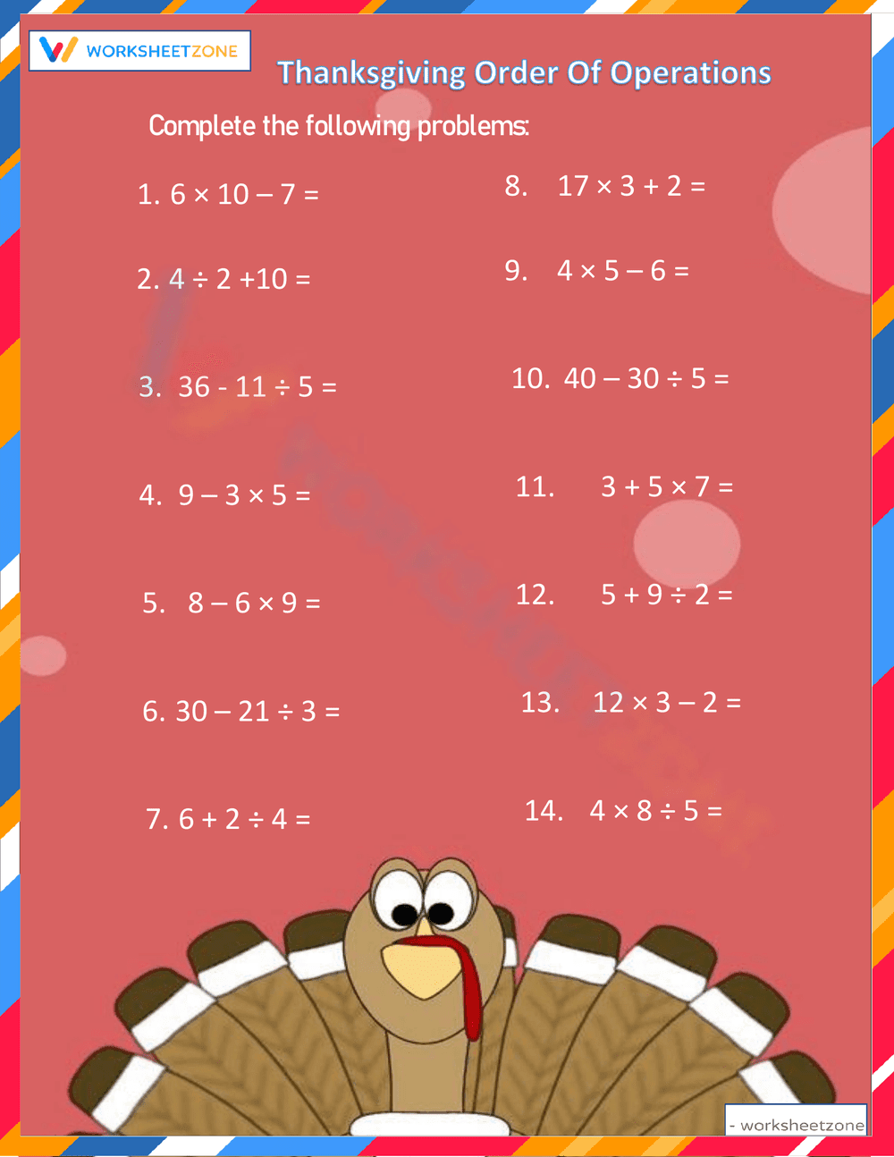 Thanksgiving Order of Operations Worksheet - Page 1