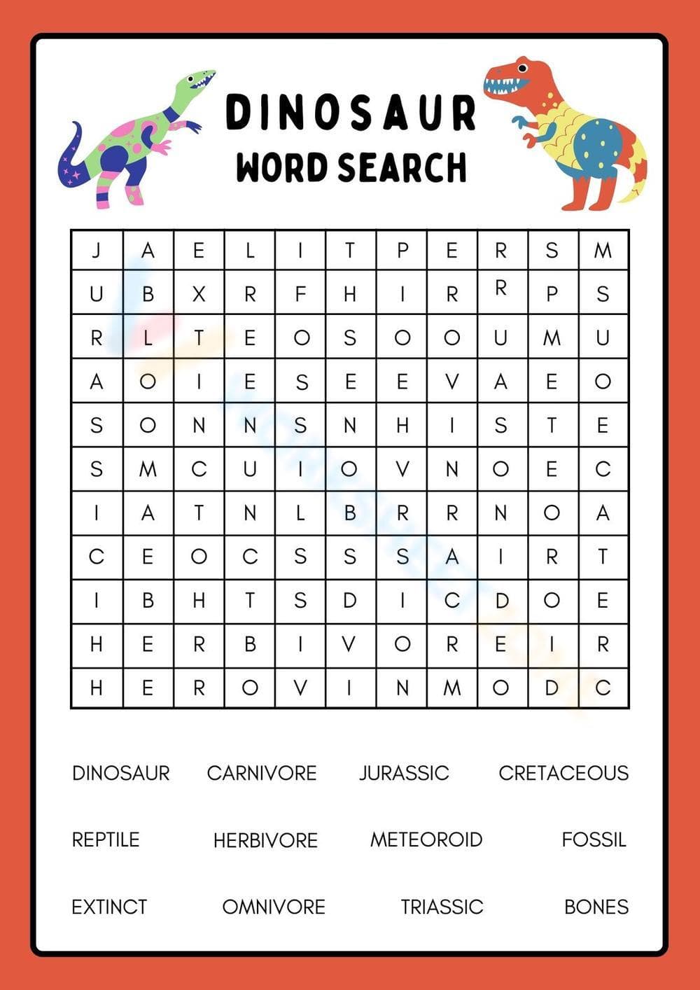Dinosaur Word Search Worksheet - Page 1