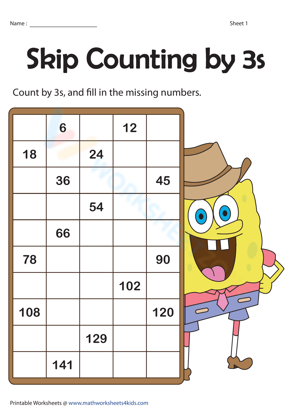 Skip Counting by 3s Worksheet for Math Practice - Page 1