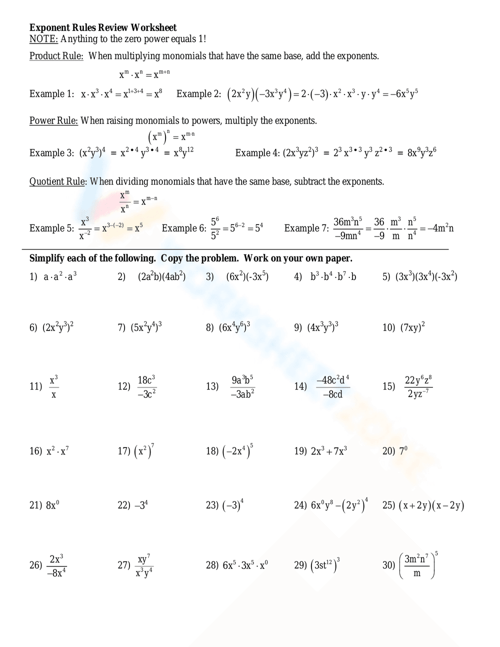 Exponent Rules: Review and Practice Worksheet - Page 2