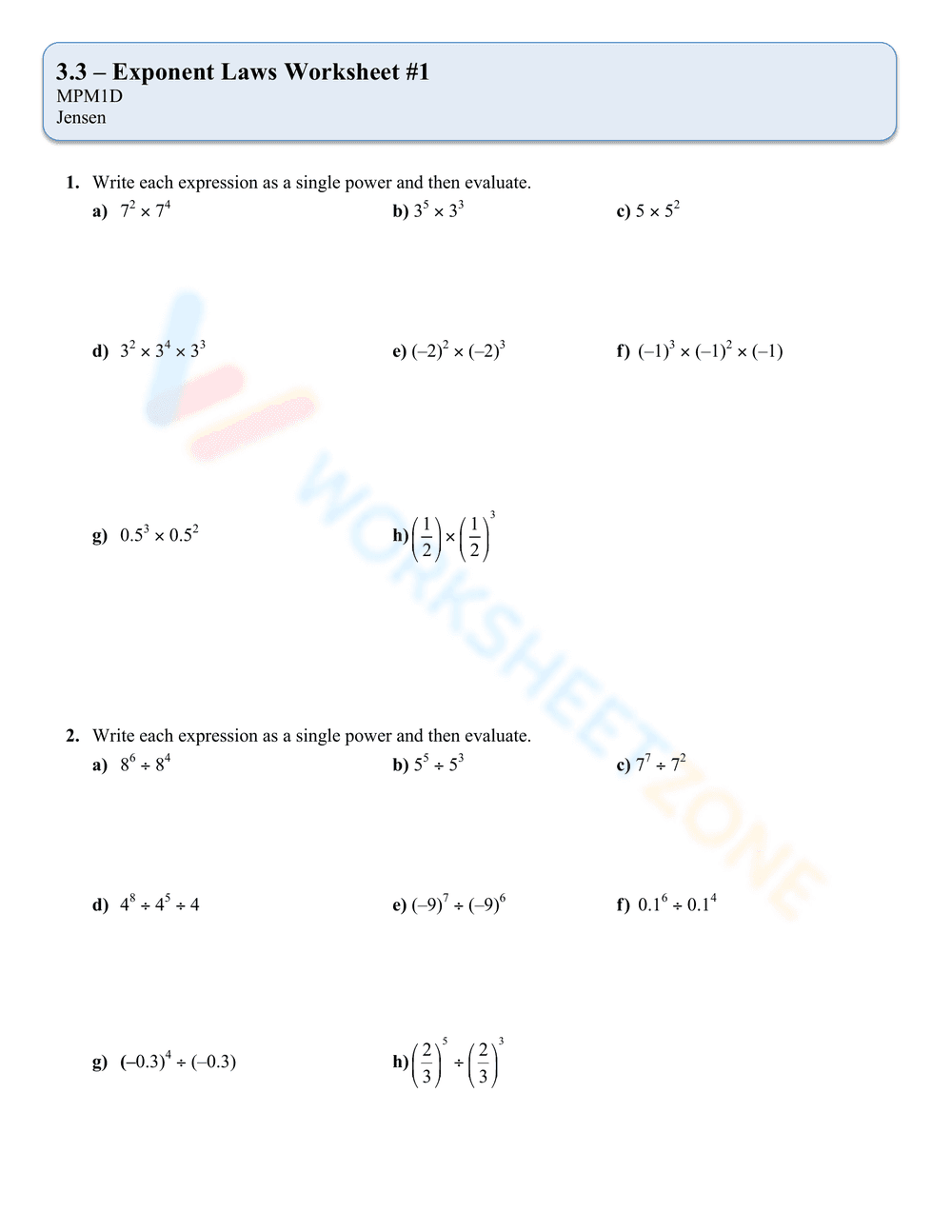 Master Exponent Laws: Math Practice Worksheet - Page 1