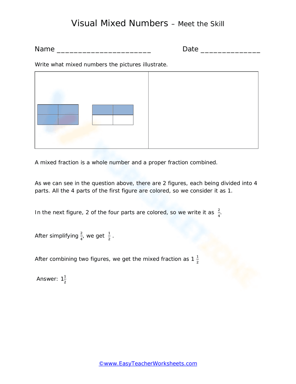Visual Mixed Numbers Worksheet - Page 1