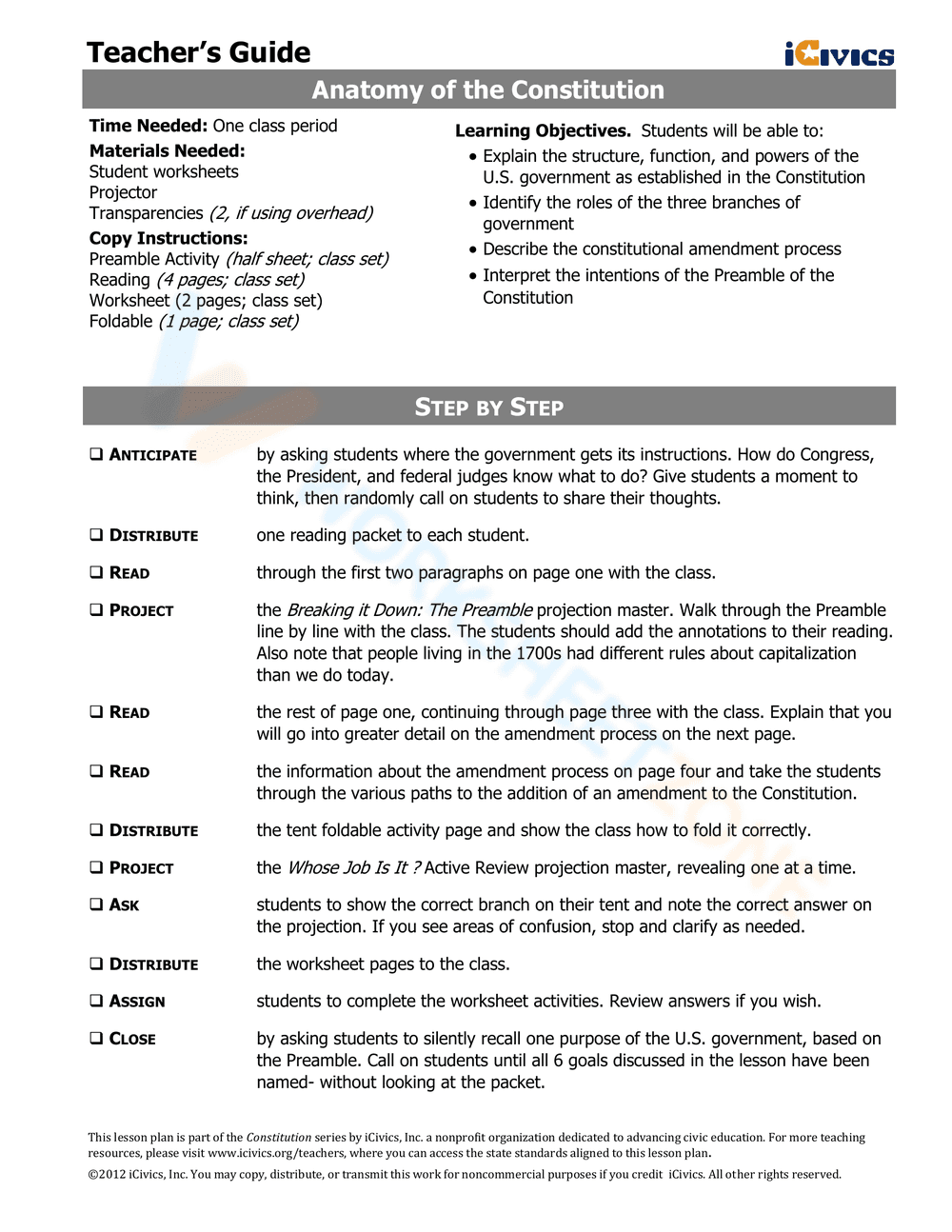 Anatomy of the Constitution: A Civics Worksheet - Page 1