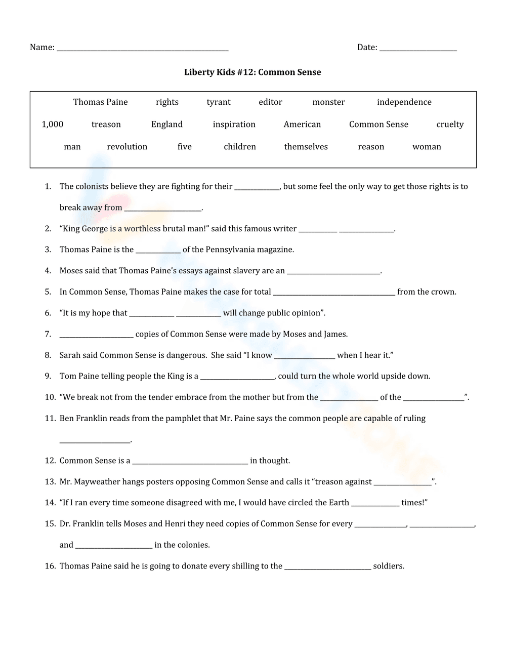 Liberty Kids: Analyzing Common Sense Worksheet - Page 1