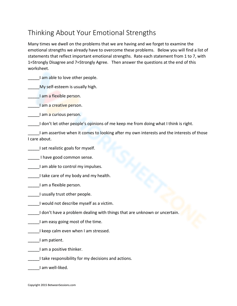 Thinking About Your Emotional Strengths Worksheet - Page 1