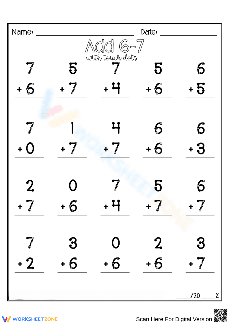 Addition Worksheet: Learn to Add 6-7 - Page 1