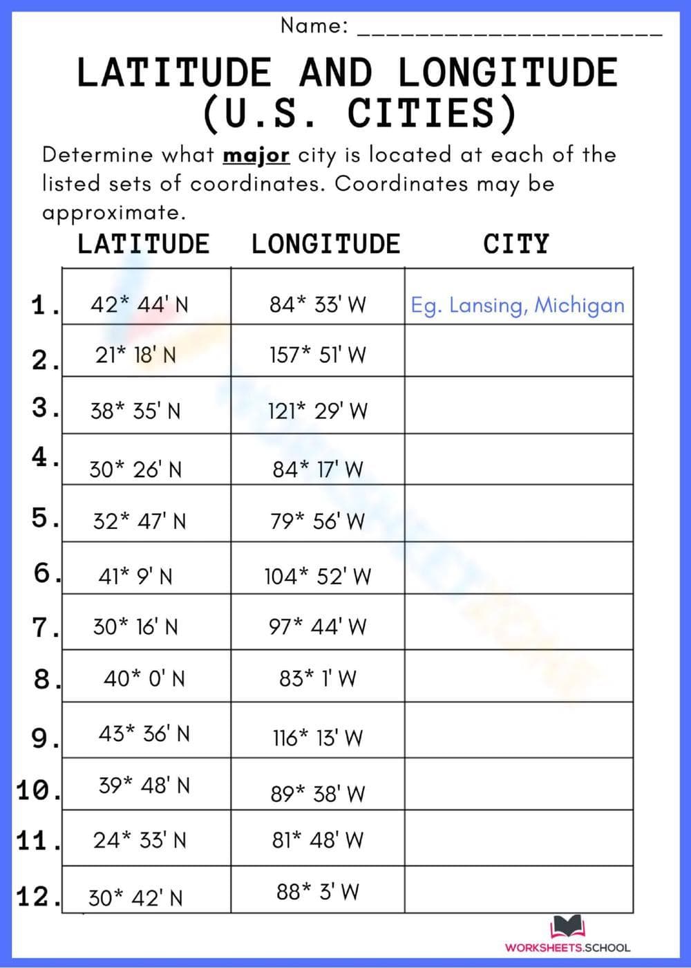 Identify US City with this Worksheet - Page 1