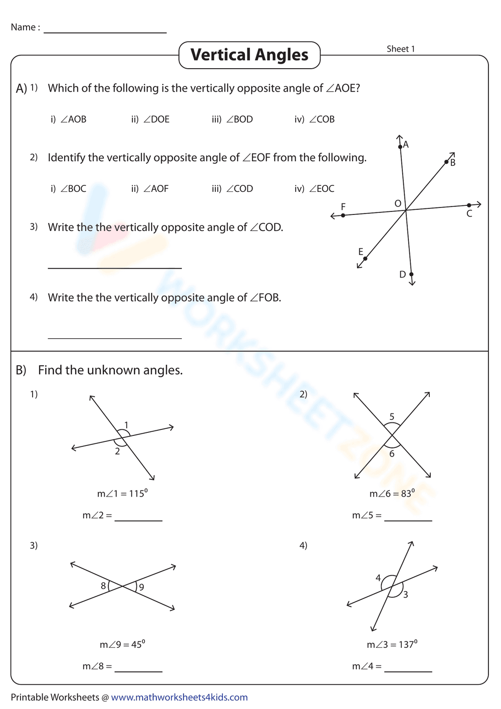Identify Vertical Angles with this Worksheet - Page 1