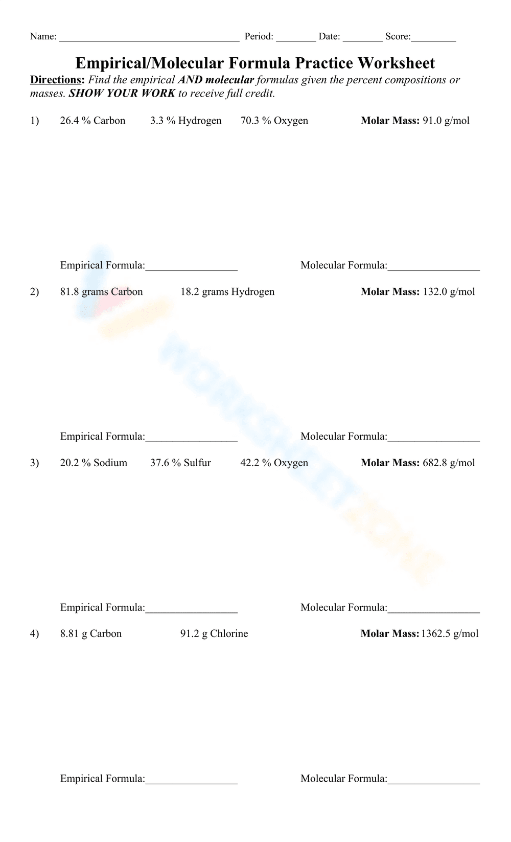 Solve Empirical Molecular Formula with this Practice Sheet - Page 1