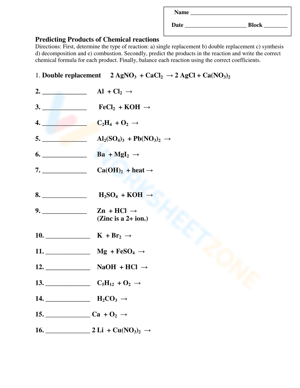 Predicting Chemical Reactions Products Worksheet - Page 1