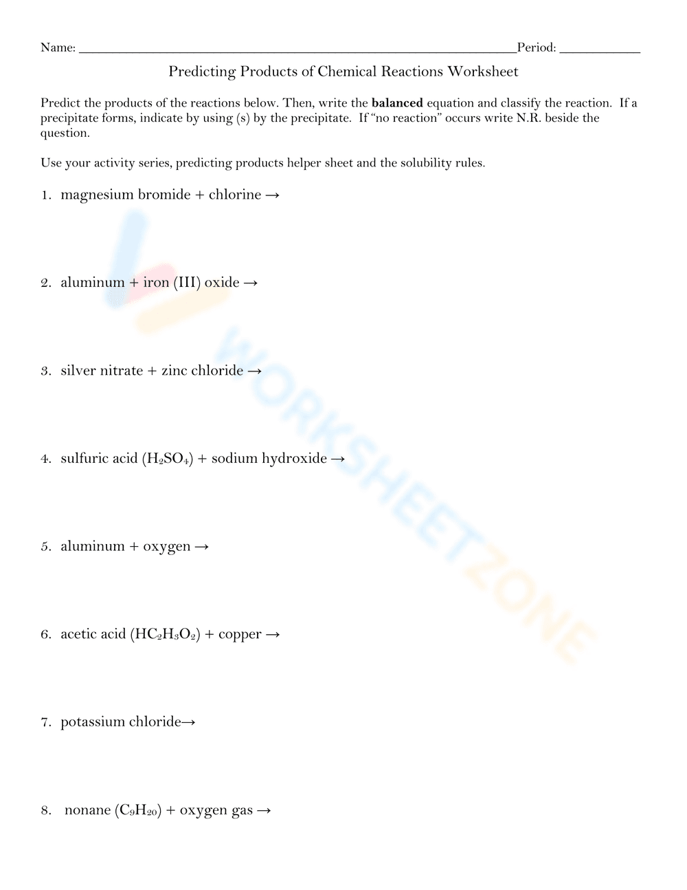 Predict Products of Chemical Reactions Worksheet - Page 1