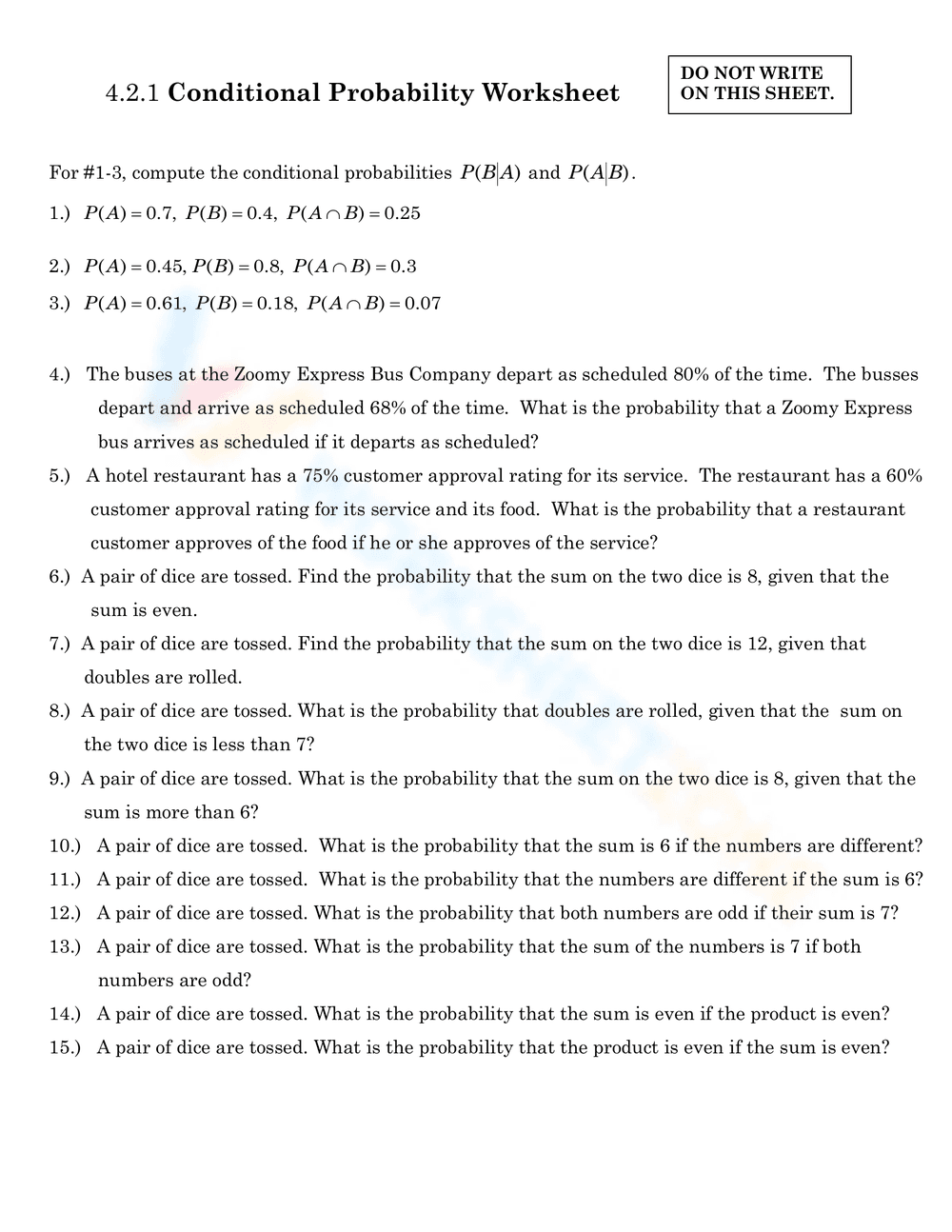 Conditional Probability Worksheet - Page 1