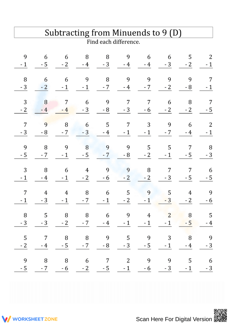 Subtracting from Minuends to 9 Worksheet - Page 1