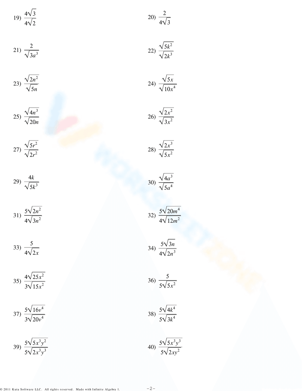 Rationalizing the Denominator Worksheet - Page 1