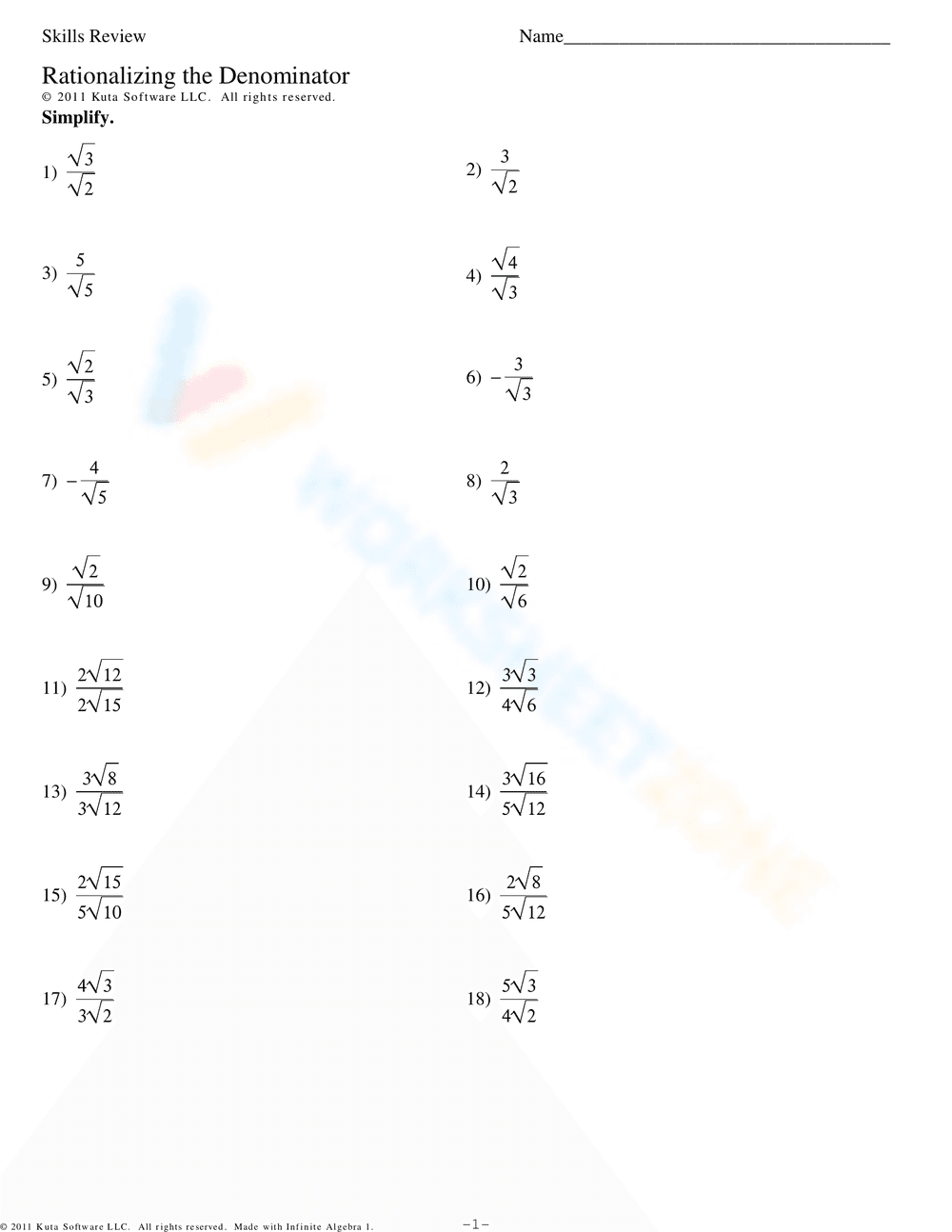 Rationalizing the Denominator Worksheet - Page 2