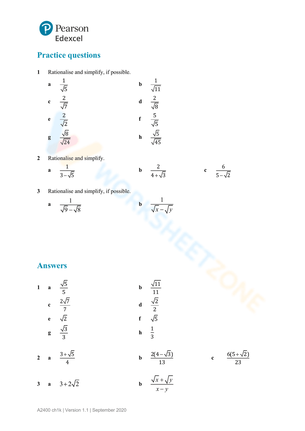 Practice Rationalizing the Denominator - Page 3