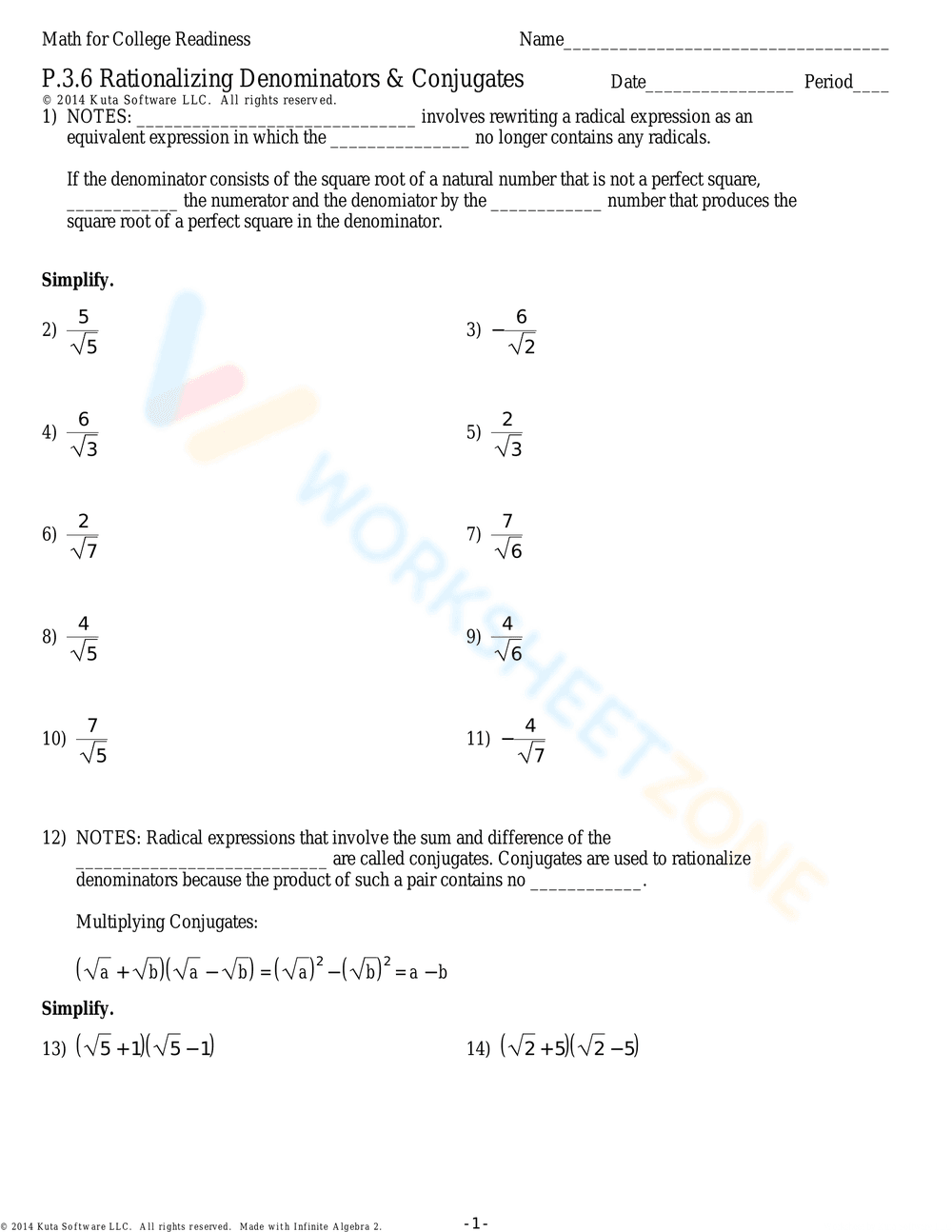 Rationalizing Denominators with Conjugates - Page 1