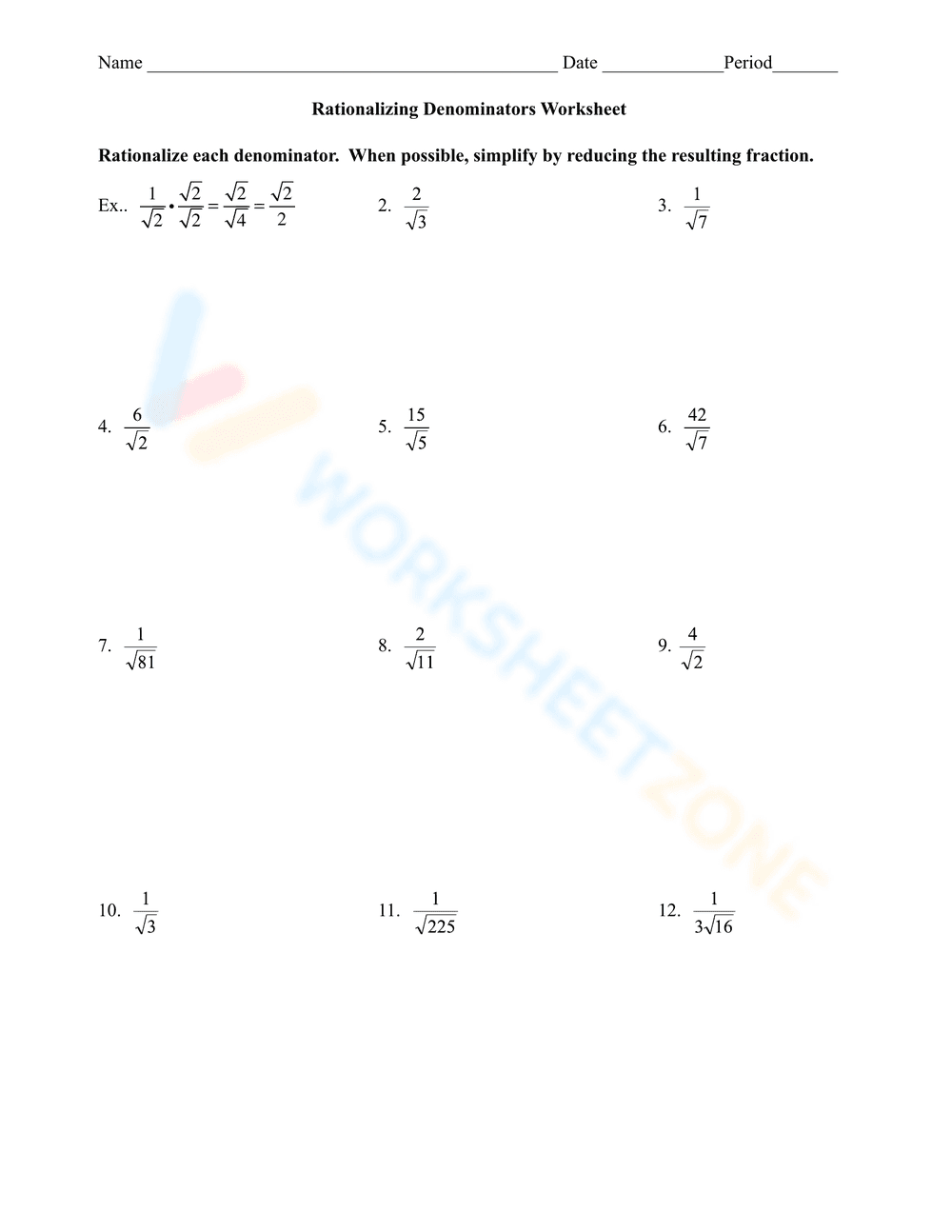Rationalizing Denominators Worksheet - Page 1