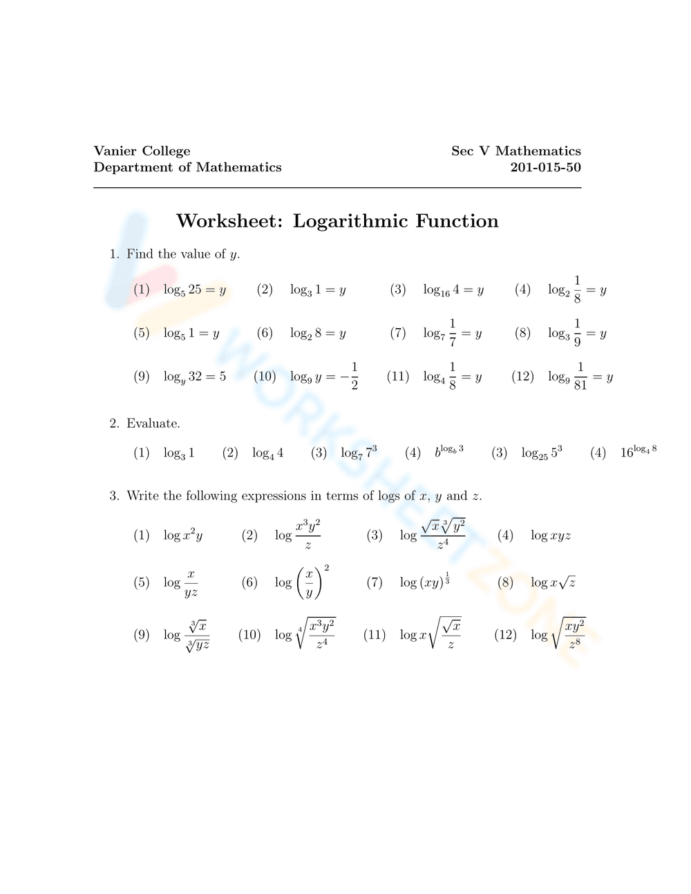 Exploring Logarithmic Function: Practice Problems - Page 1