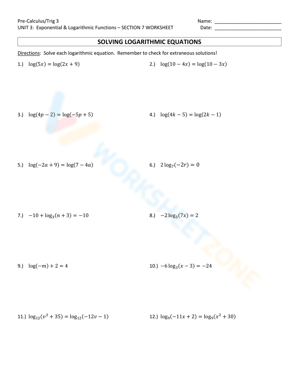 Solving Logarithmic Equations: Skill Practice - Page 1