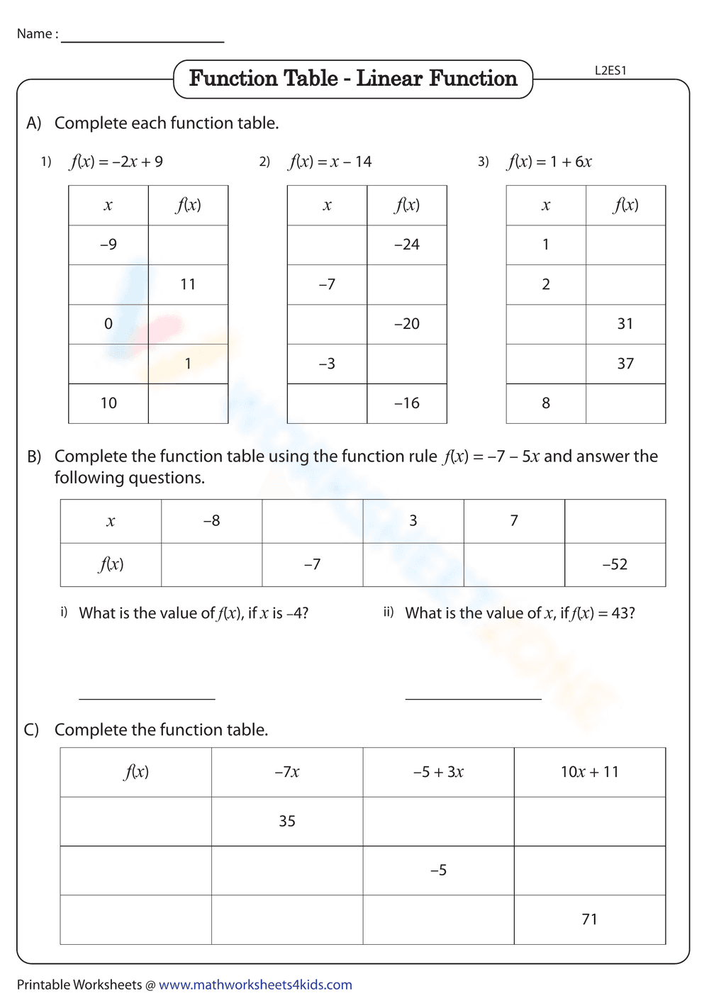 Function Table - Linear Function - Page 1