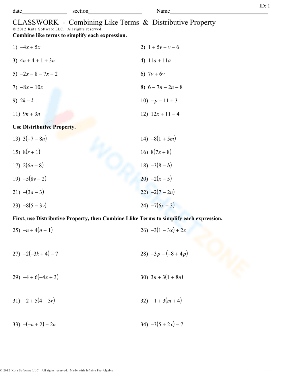 Combine Like Terms: Distributive Property - Page 1