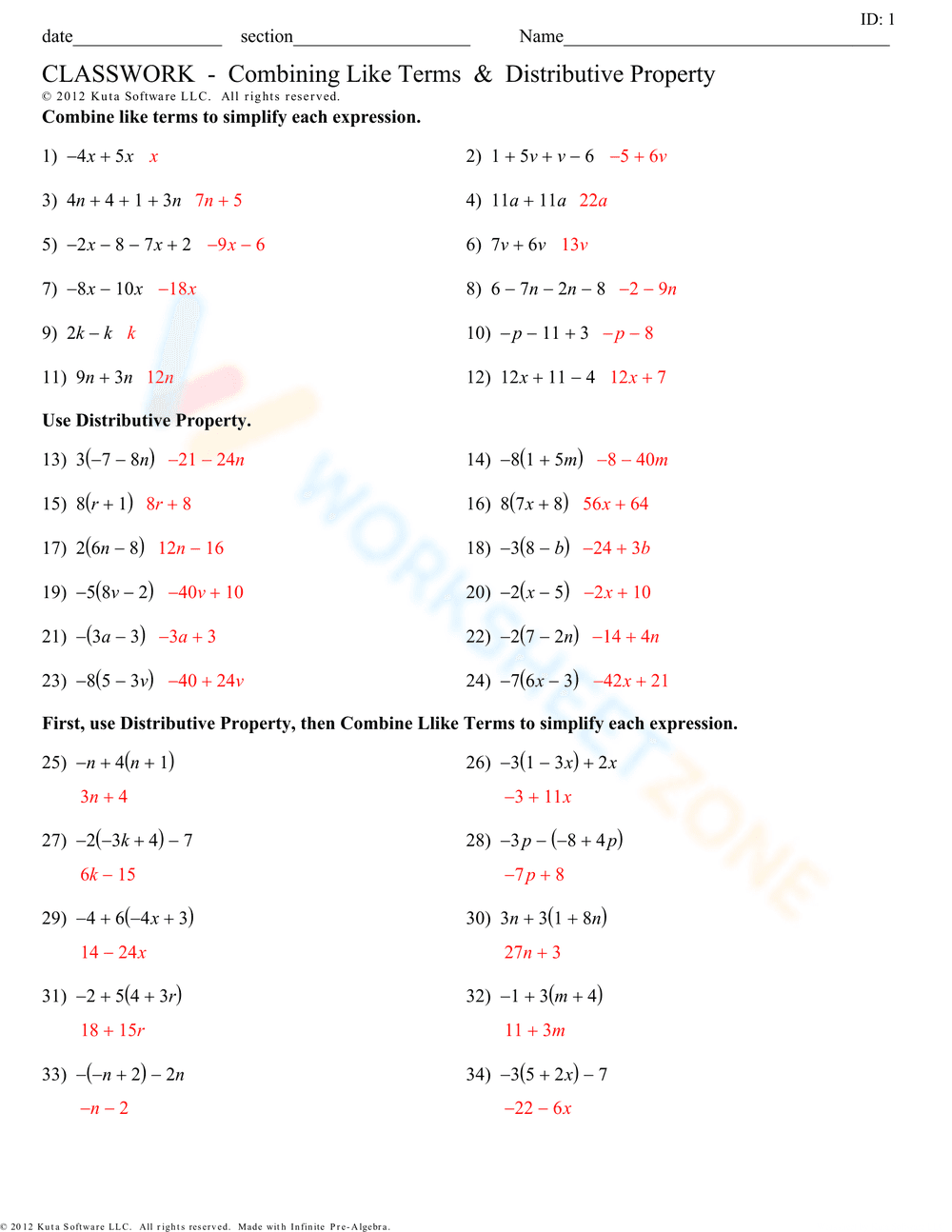 Combine Like Terms: Distributive Property - Page 2