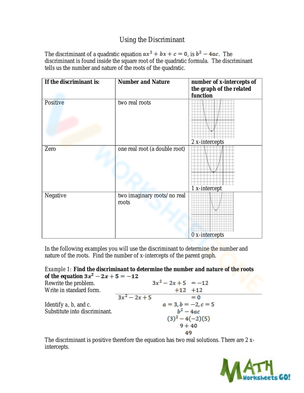 Using the Discriminant: Comprehensive Practice - Page 2