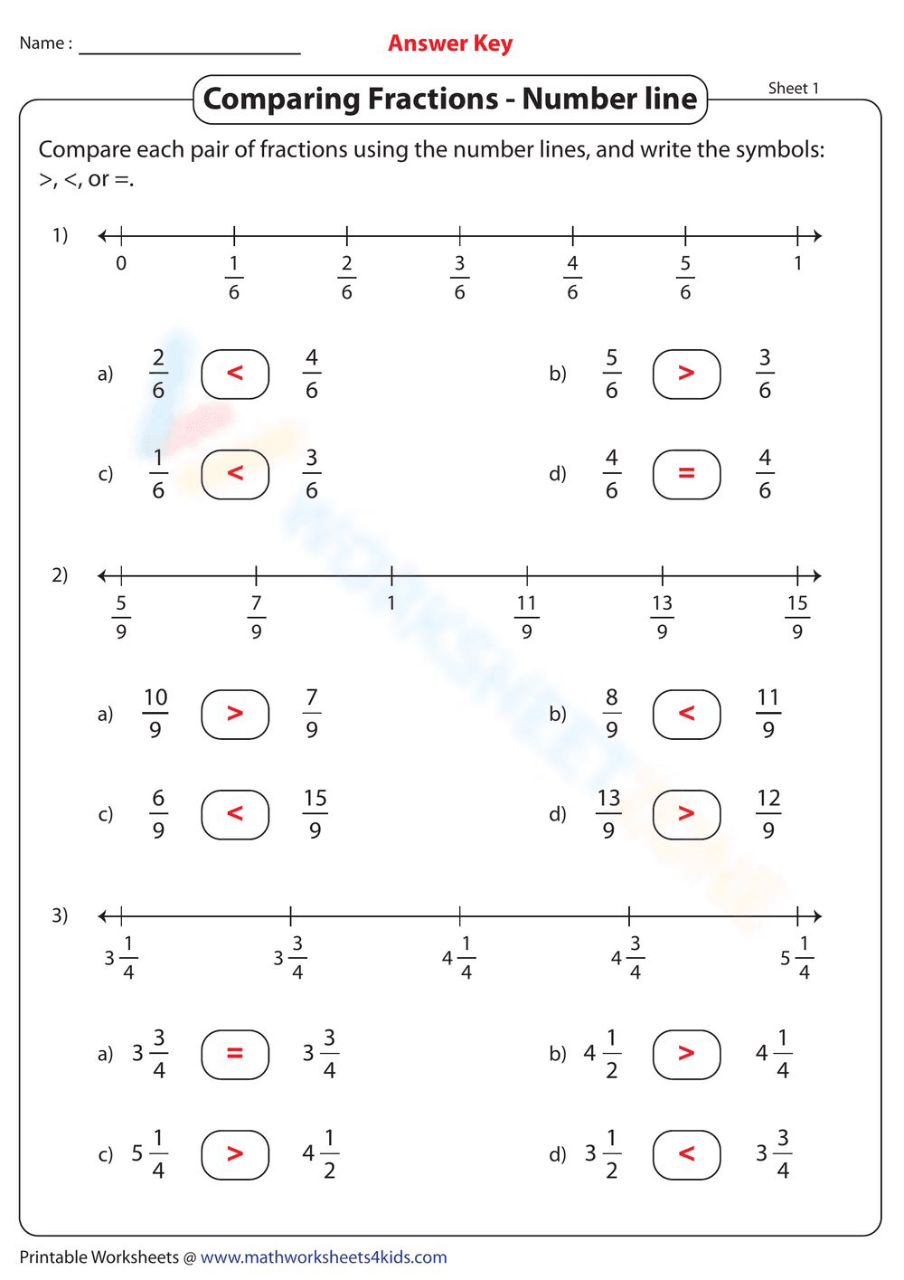 Comparing Fractions - Number line - Page 2