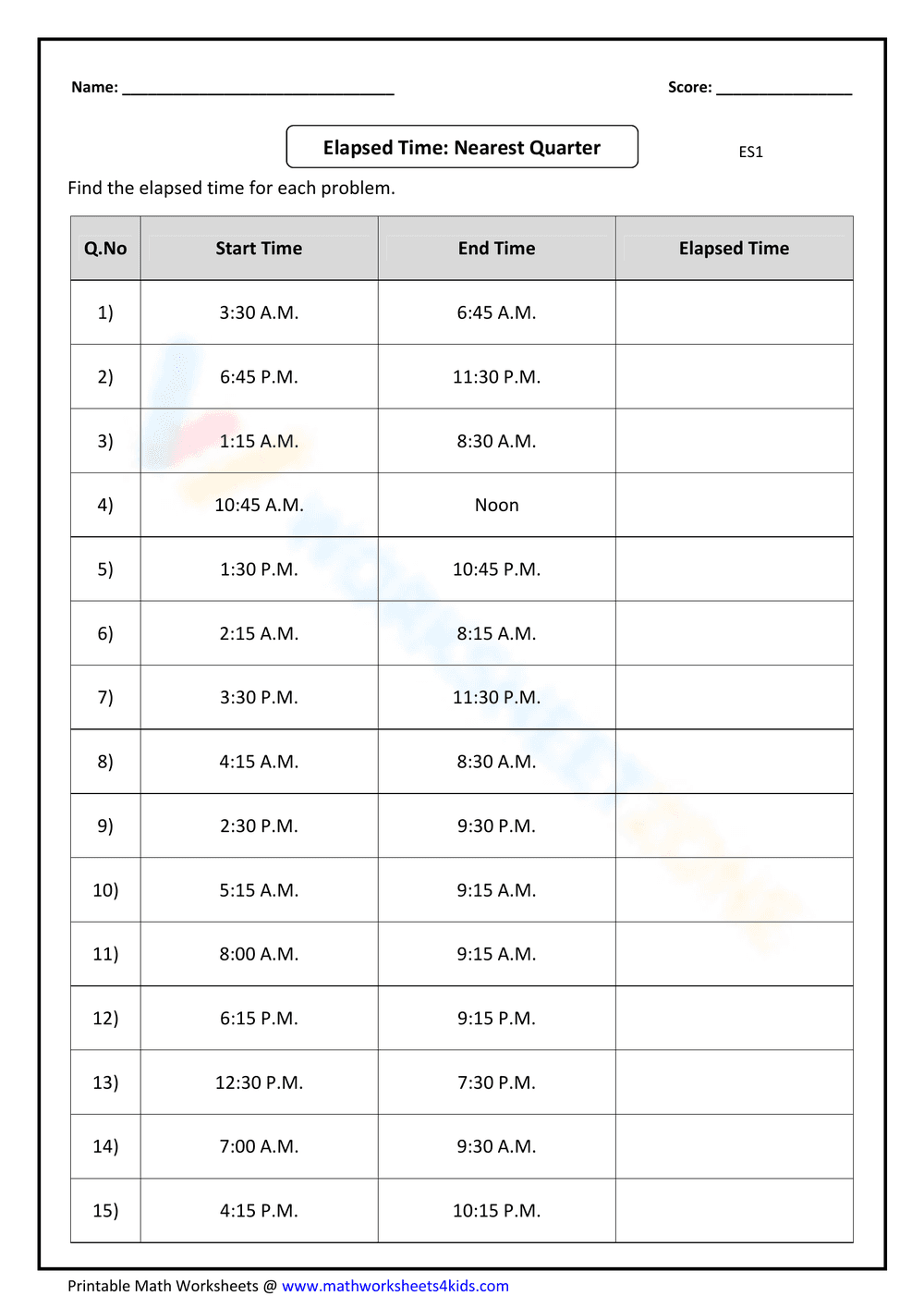 Elapsed Time to Nearest Quarter Hour - Page 1