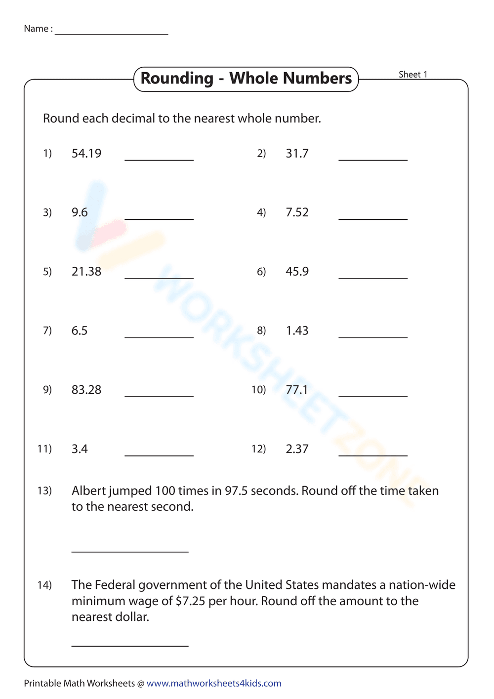 Rounding Whole Numbers Practice - Page 1