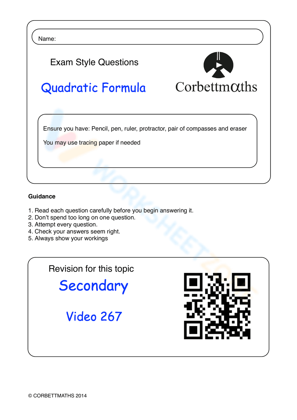 Quadratic Formula Practice - Page 1