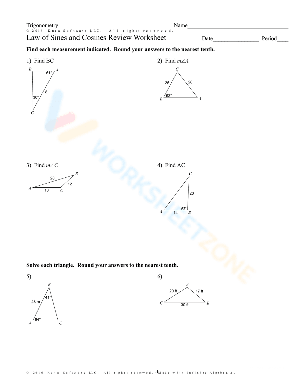 Law of Sines and Cosines Review - Page 1