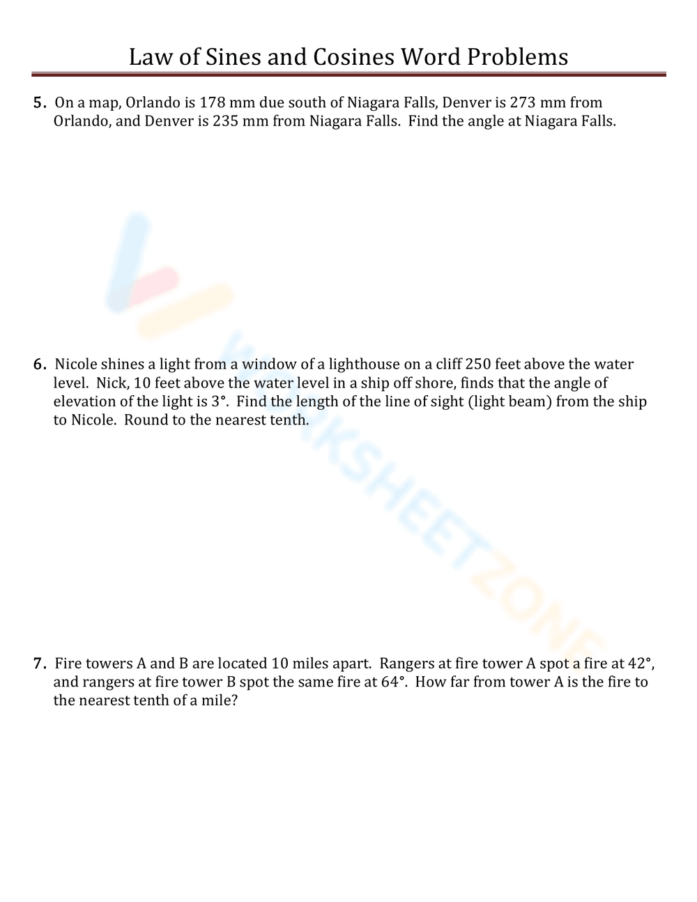 Law of Sines and Cosines Word Problems - Page 2