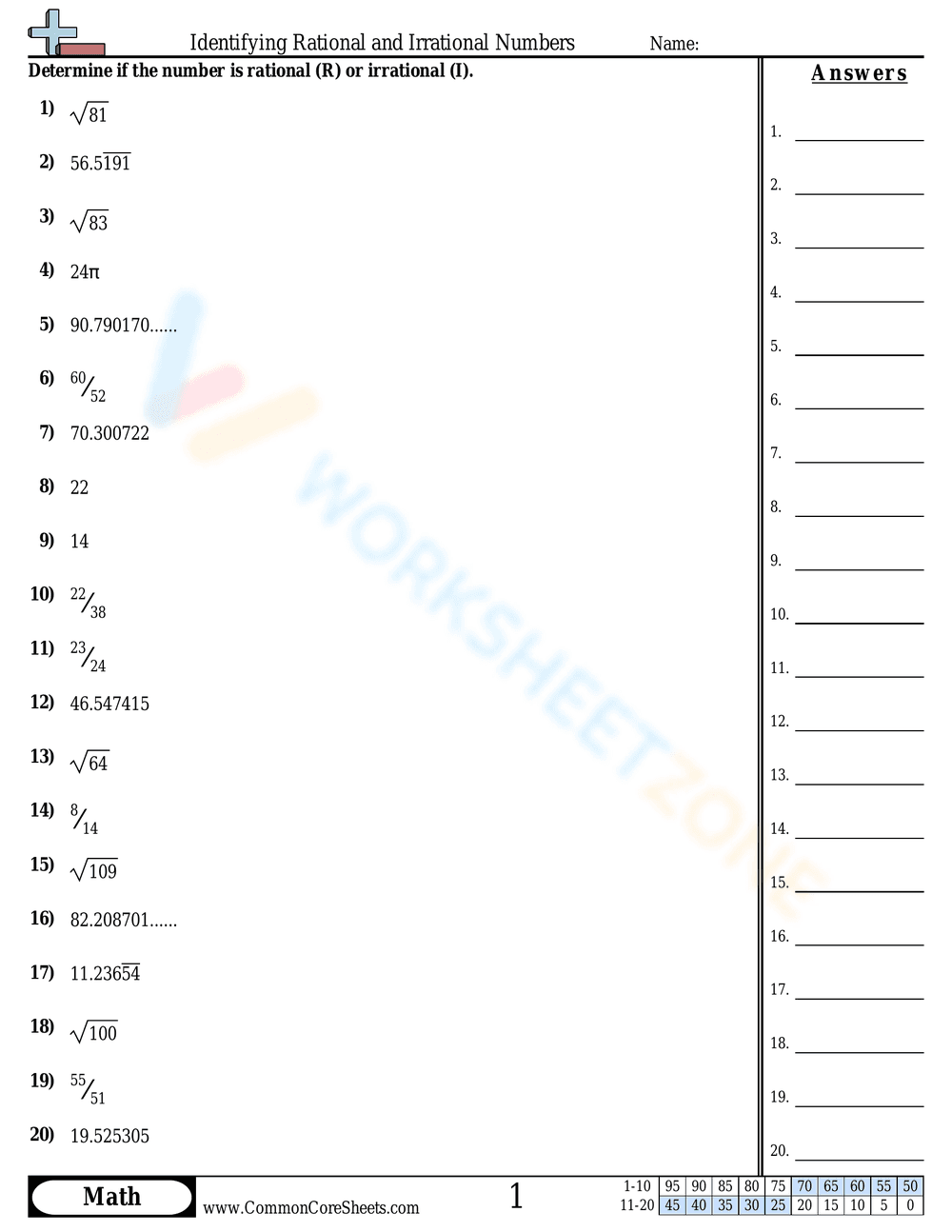 Identify Rational and Irrational Numbers - Page 1