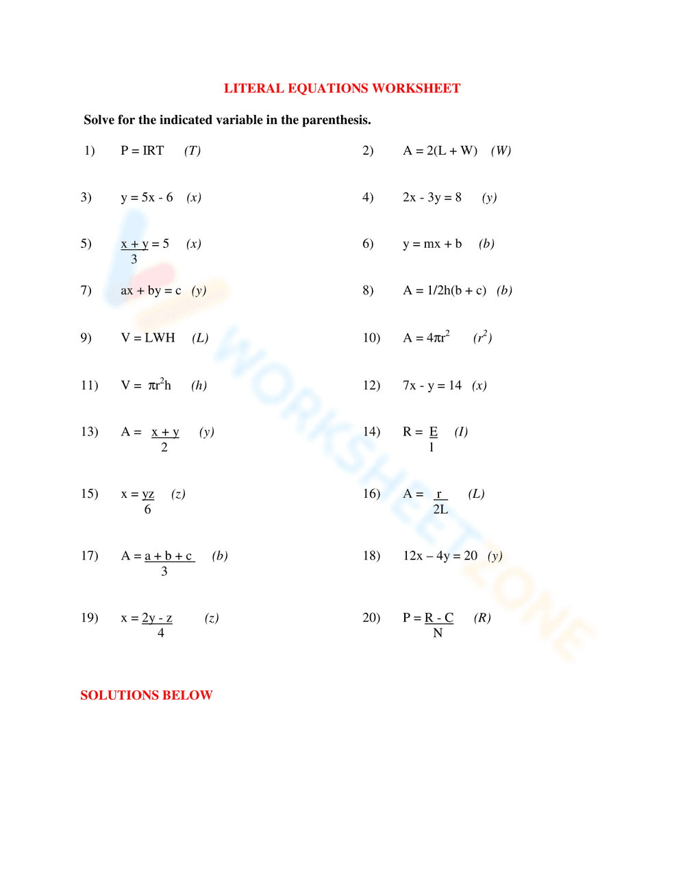 Practice Solving Literal Equations - Page 1