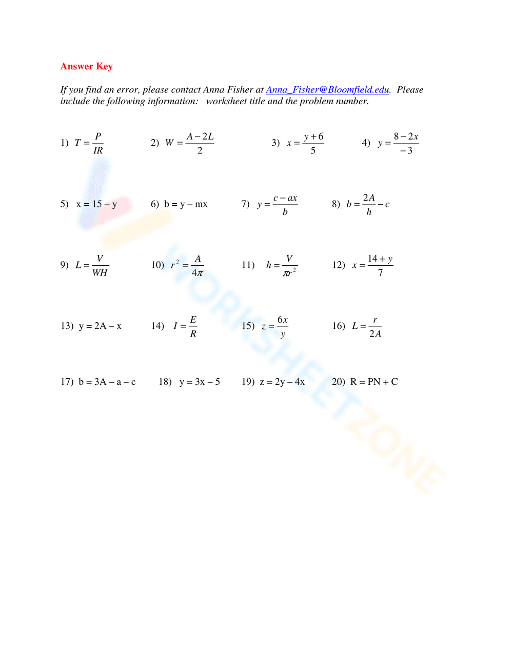 Practice Solving Literal Equations - Page 2