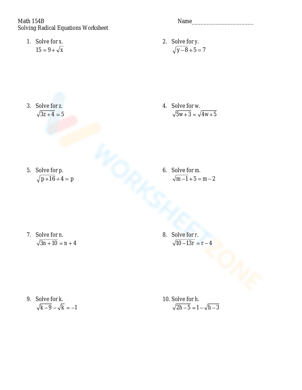 Solving Radical Equations Worksheet - Page 1