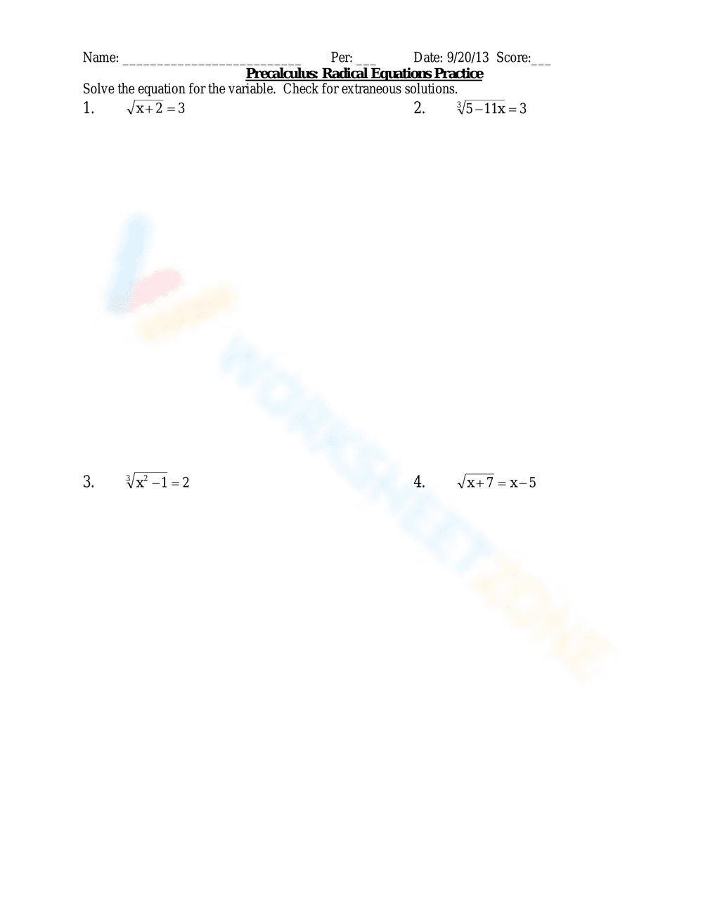 Precalculus Radical Equations Practice - Page 1