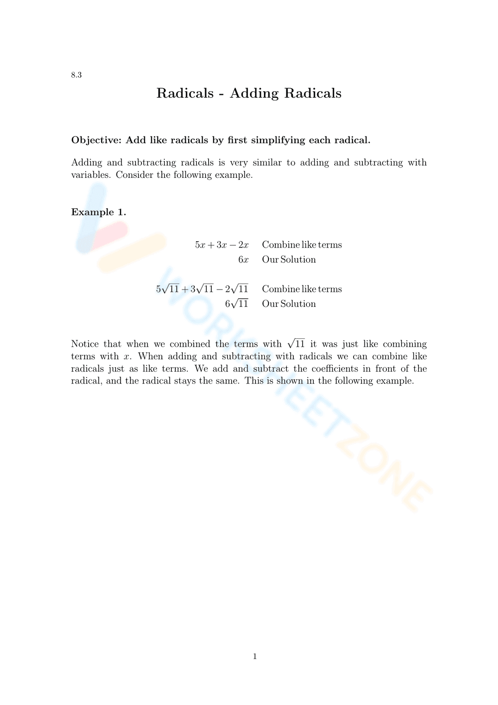 Adding Radicals Practice Worksheet - Page 1