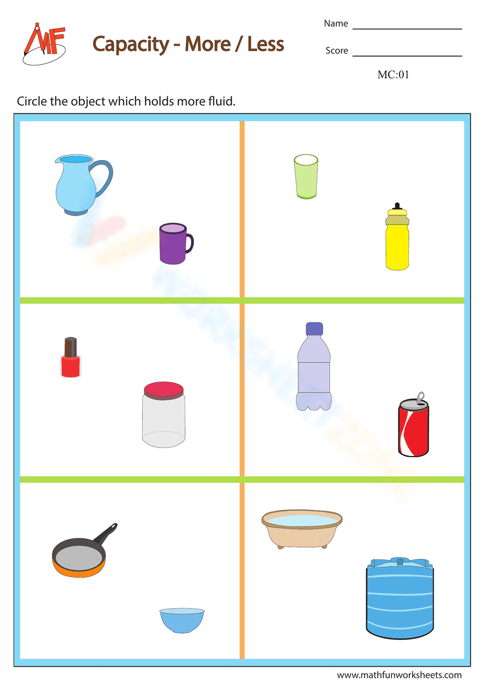 Comparing Capacity: More or Less Worksheet - Page 1